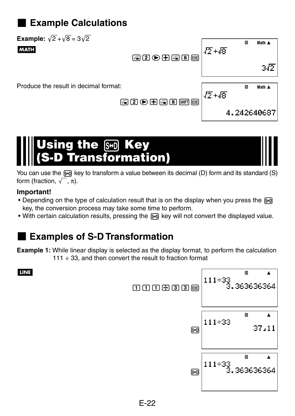 Using the f key (s-d transformation), Example calculations, Examples of s-d transformation | Casio fx-5800P User Manual | Page 23 / 147