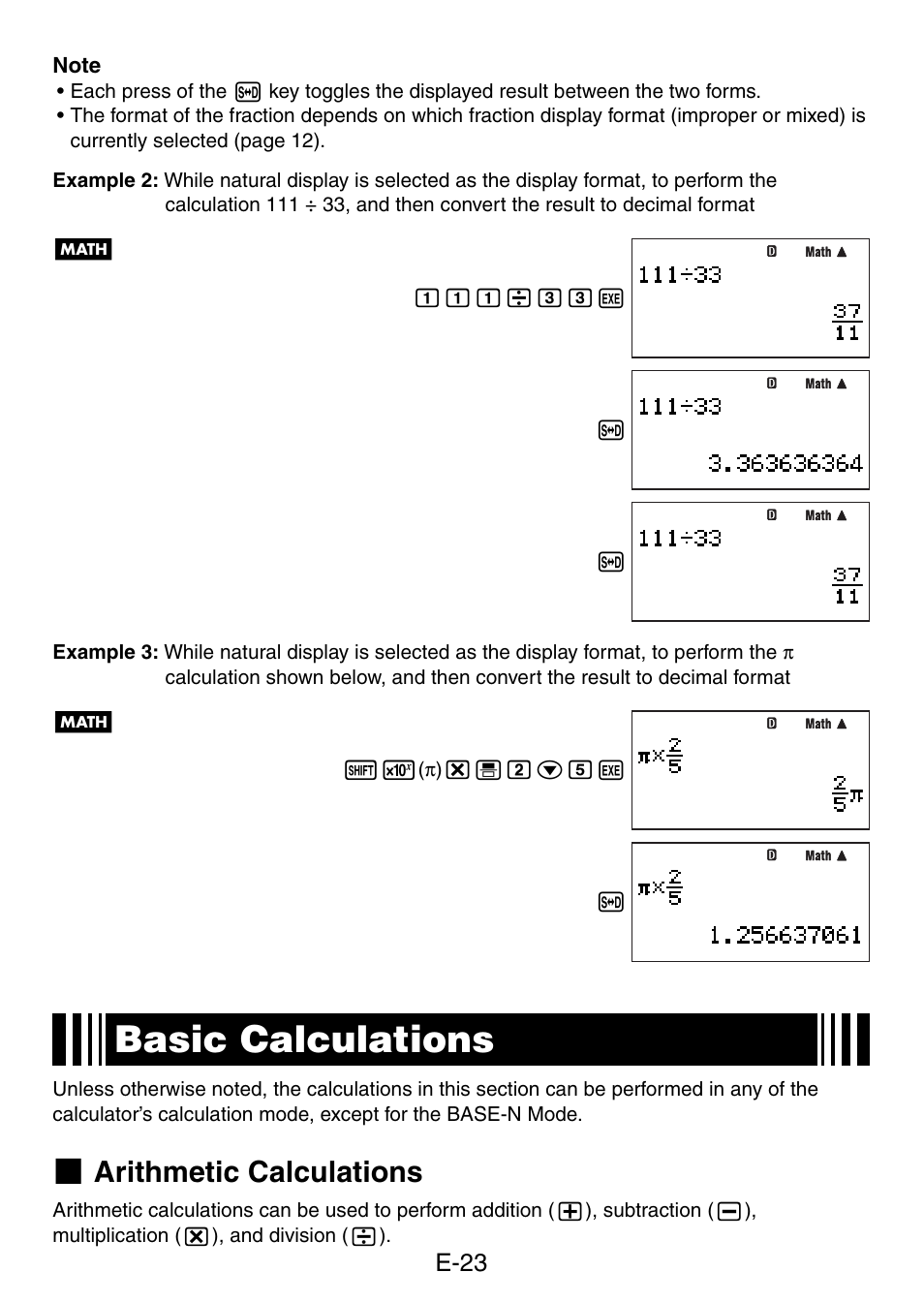 Basic calculations, Arithmetic calculations | Casio fx-5800P User Manual | Page 24 / 147