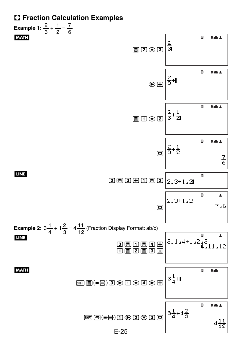 A fraction calculation examples, E-25 | Casio fx-5800P User Manual | Page 26 / 147