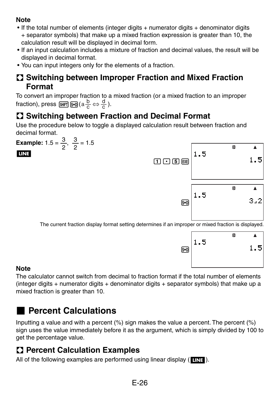 Percent calculations, A switching between fraction and decimal format, A percent calculation examples | E-26 | Casio fx-5800P User Manual | Page 27 / 147