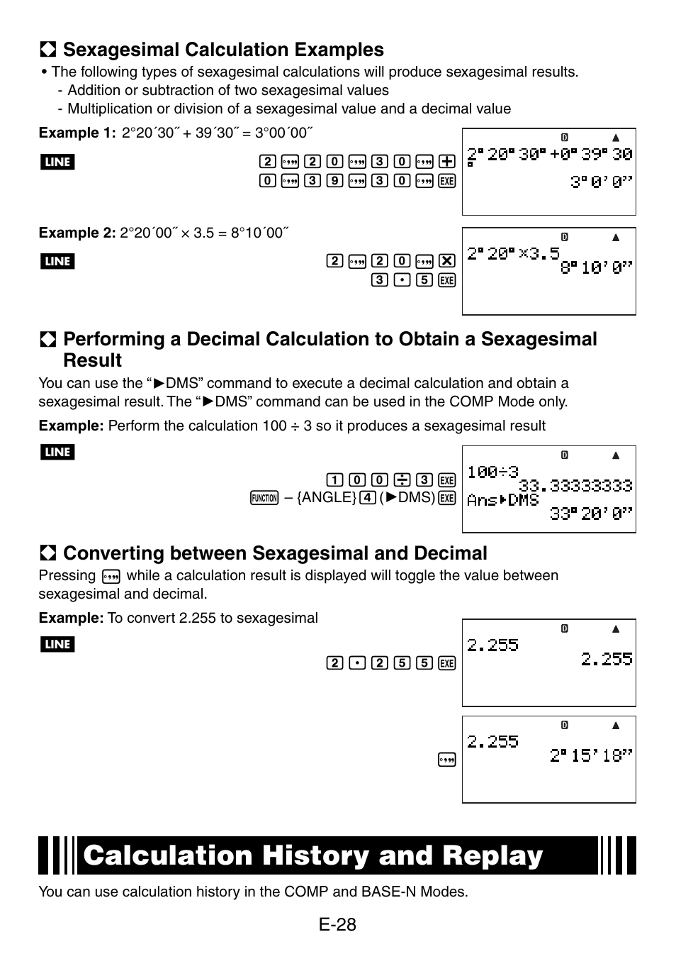 Calculation history and replay, A sexagesimal calculation examples, A converting between sexagesimal and decimal | Casio fx-5800P User Manual | Page 29 / 147