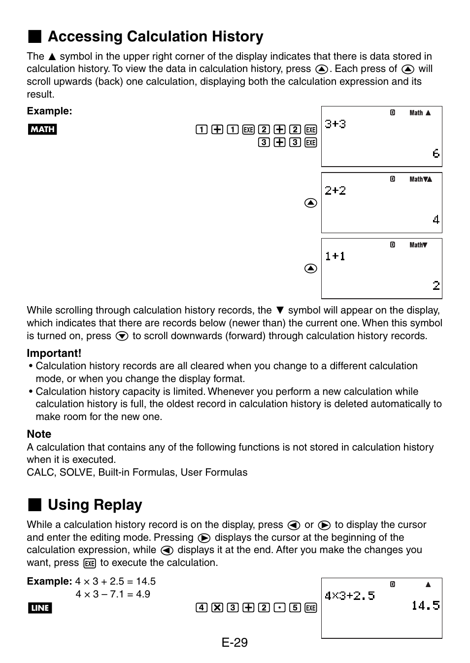 Accessing calculation history, Using replay, E-29 | Casio fx-5800P User Manual | Page 30 / 147