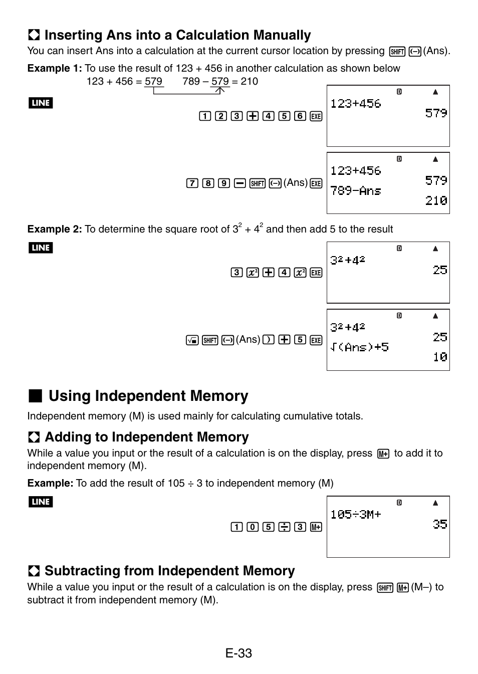 A inserting ans into a calculation manually, E-33 | Casio fx-5800P User Manual | Page 34 / 147