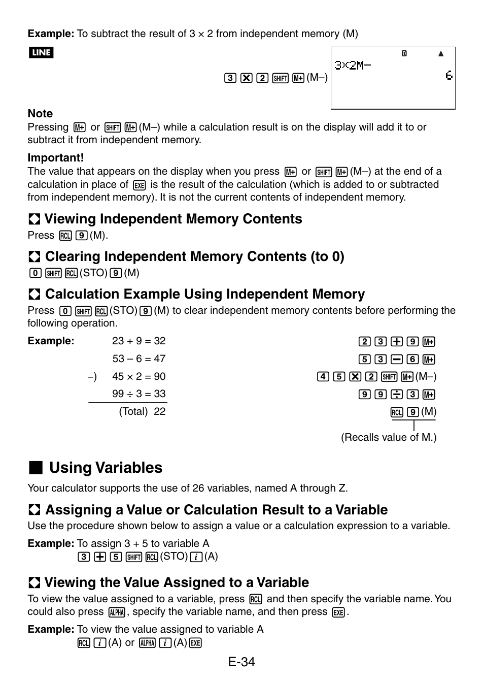 Using variables, A viewing the value assigned to a variable, E-34 | Casio fx-5800P User Manual | Page 35 / 147