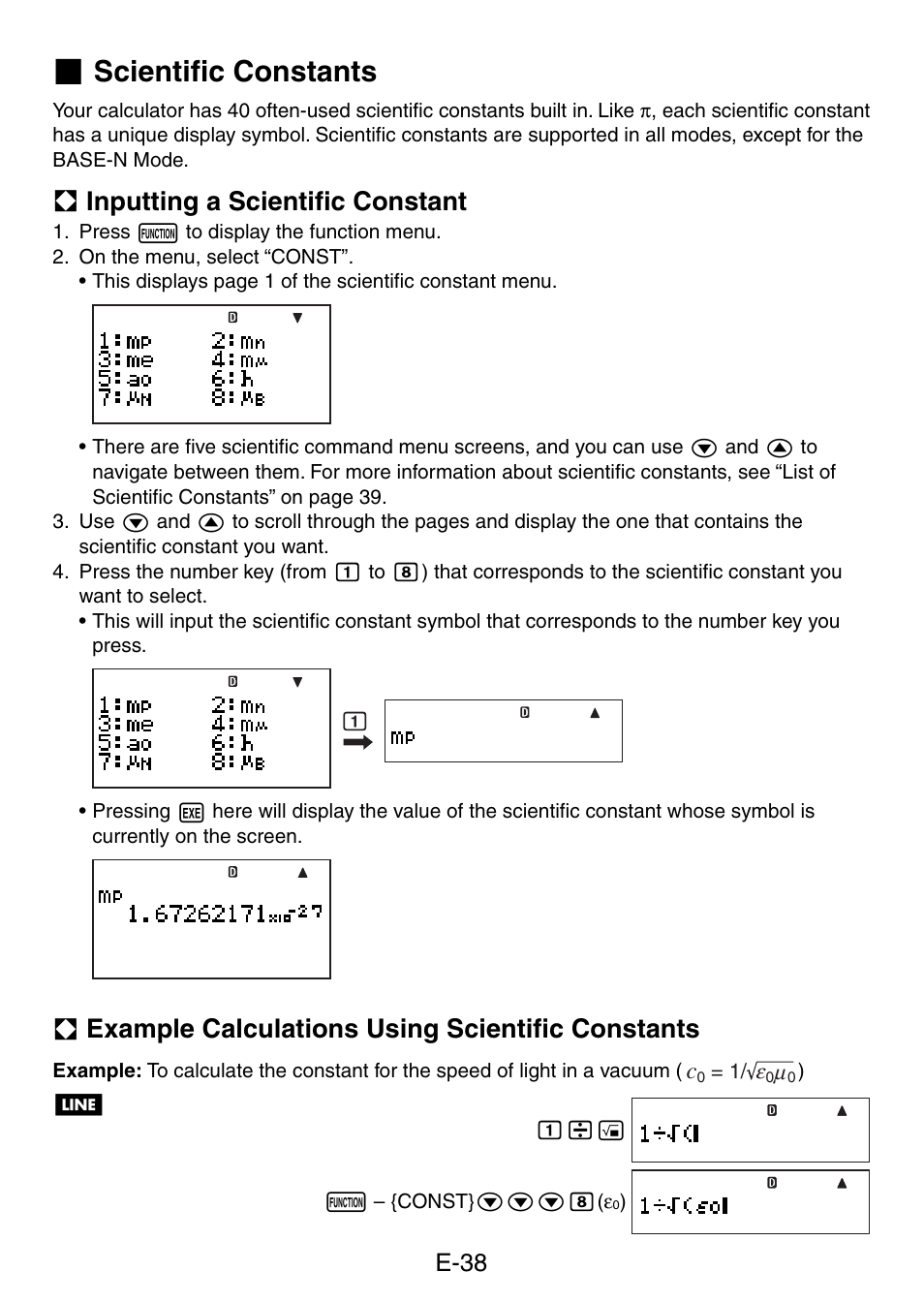 Scientiﬁ c constants, A inputting a scientiﬁ c constant, A example calculations using scientiﬁ c constants | E-38 | Casio fx-5800P User Manual | Page 39 / 147