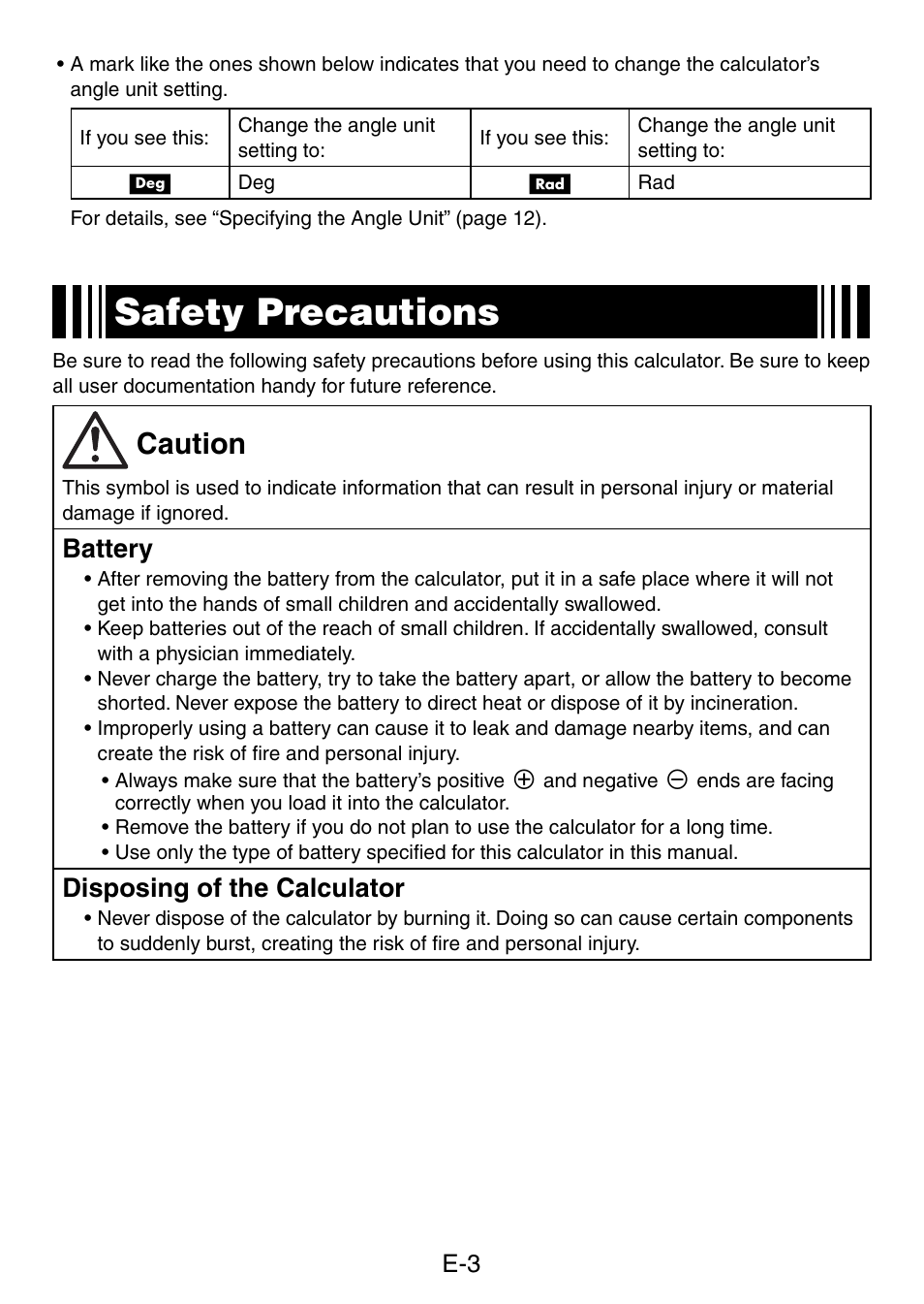 Safety precautions, Caution, Battery | Disposing of the calculator | Casio fx-5800P User Manual | Page 4 / 147