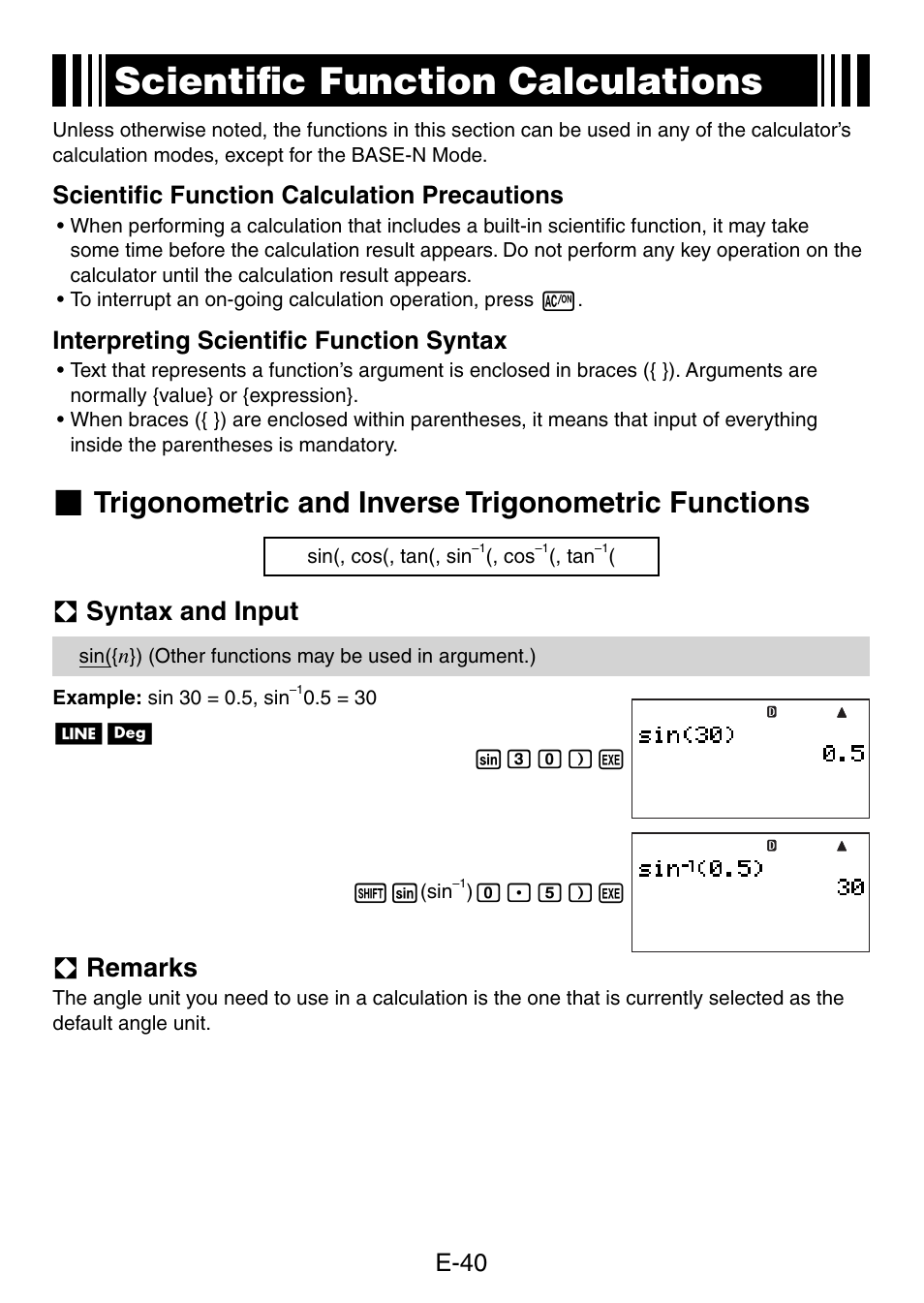 Scientiﬁ c function calculations, Trigonometric and inverse trigonometric functions, A syntax and input | A remarks, E-40, Scientiﬁ c function calculation precautions, Interpreting scientiﬁ c function syntax | Casio fx-5800P User Manual | Page 41 / 147