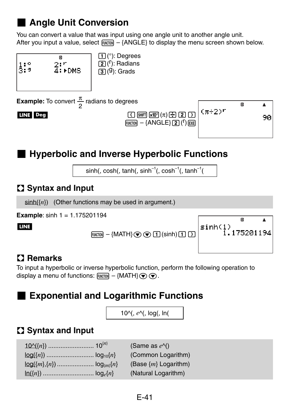 Angle unit conversion, Hyperbolic and inverse hyperbolic functions, Exponential and logarithmic functions | A syntax and input, A remarks, E-41 | Casio fx-5800P User Manual | Page 42 / 147