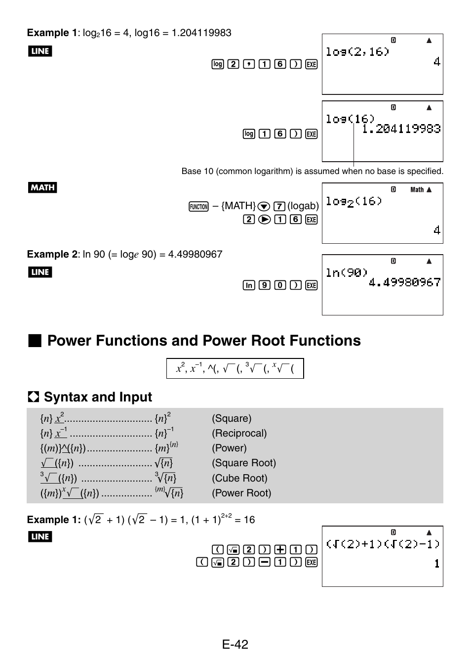 Power functions and power root functions, A syntax and input, E-42 | Casio fx-5800P User Manual | Page 43 / 147