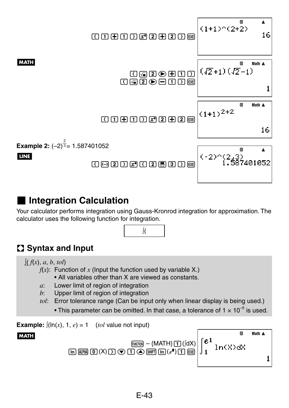 Integration calculation, A syntax and input, E-43 | Casio fx-5800P User Manual | Page 44 / 147