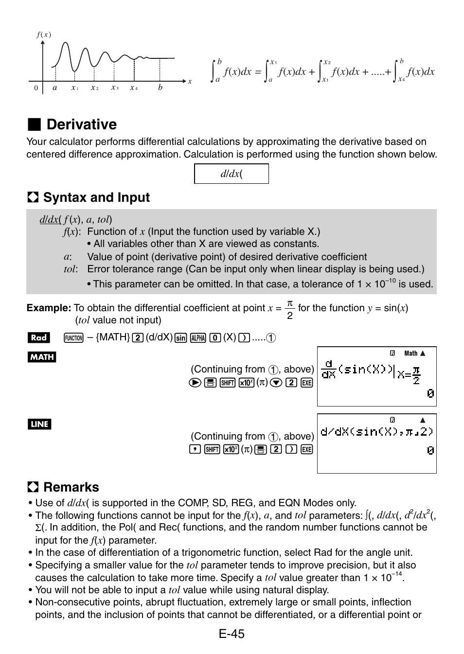 Derivative, A syntax and input, A remarks | E-45 | Casio fx-5800P User Manual | Page 46 / 147