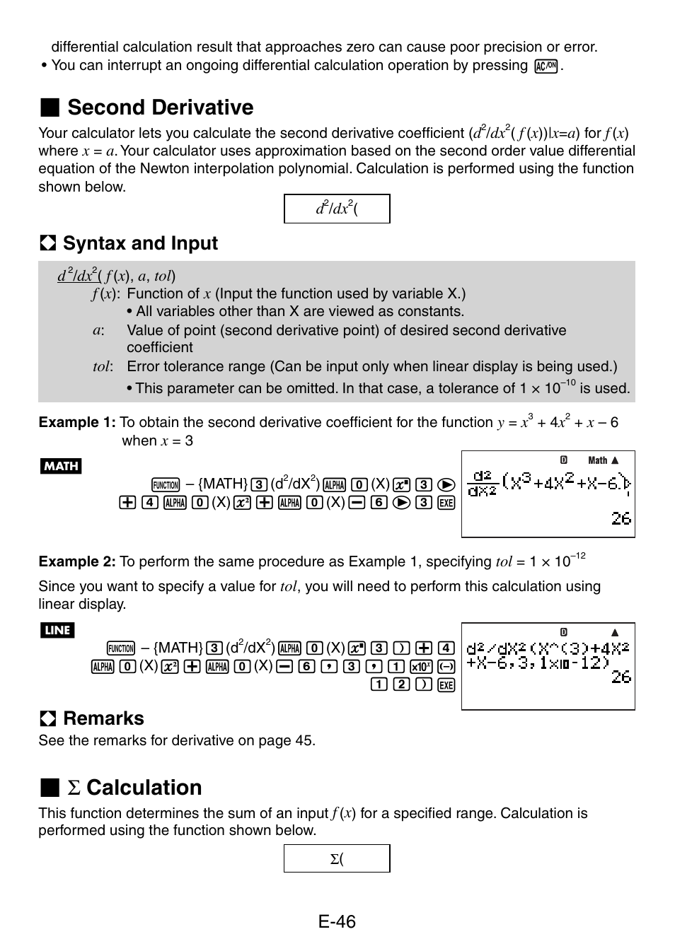 Second derivative, Σ calculation, A syntax and input | A remarks, E-46 | Casio fx-5800P User Manual | Page 47 / 147