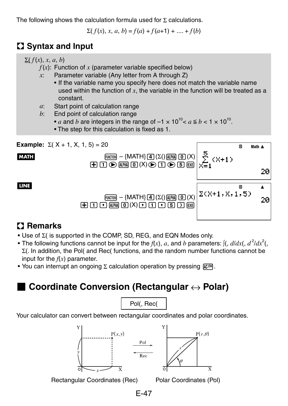 Coordinate conversion (rectangular ↔ polar), A syntax and input, A remarks | E-47 | Casio fx-5800P User Manual | Page 48 / 147