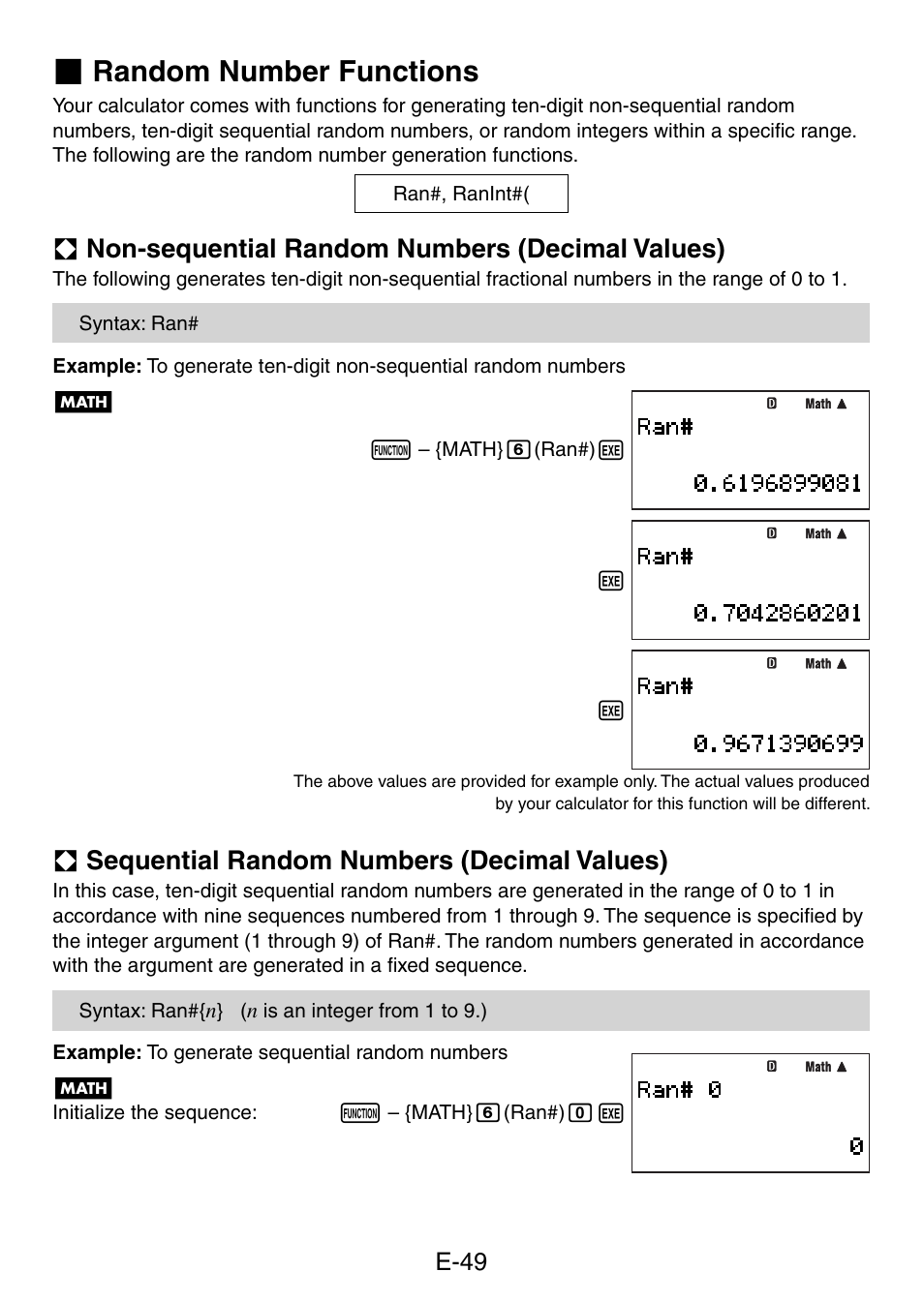 Random number functions, A non-sequential random numbers (decimal values), A sequential random numbers (decimal values) | Casio fx-5800P User Manual | Page 50 / 147