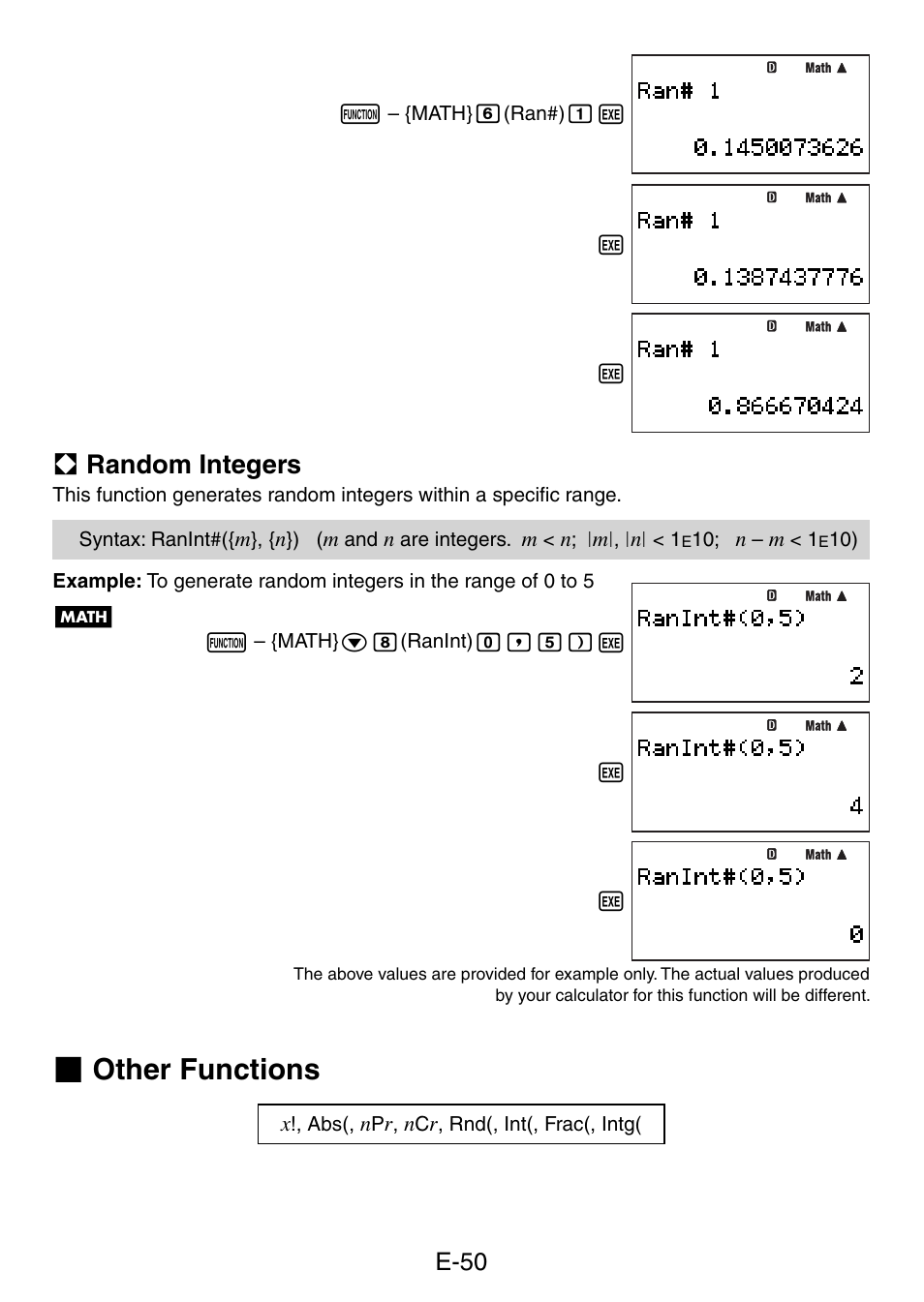 Other functions, A random integers, E-50 | Casio fx-5800P User Manual | Page 51 / 147