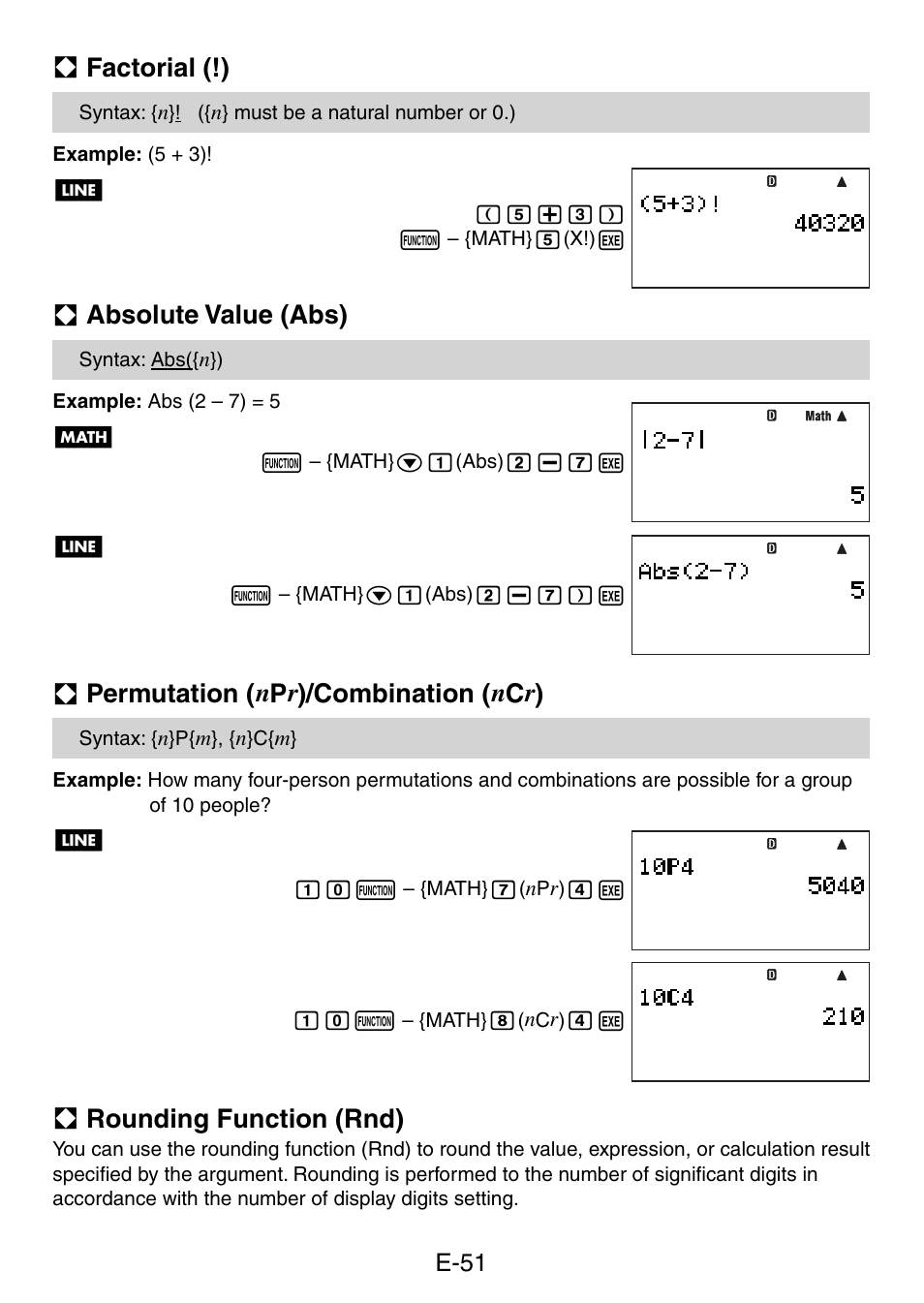 A factorial (!), A absolute value (abs), A permutation ( n p r )/combination ( n c r ) | A rounding function (rnd), E-51 | Casio fx-5800P User Manual | Page 52 / 147