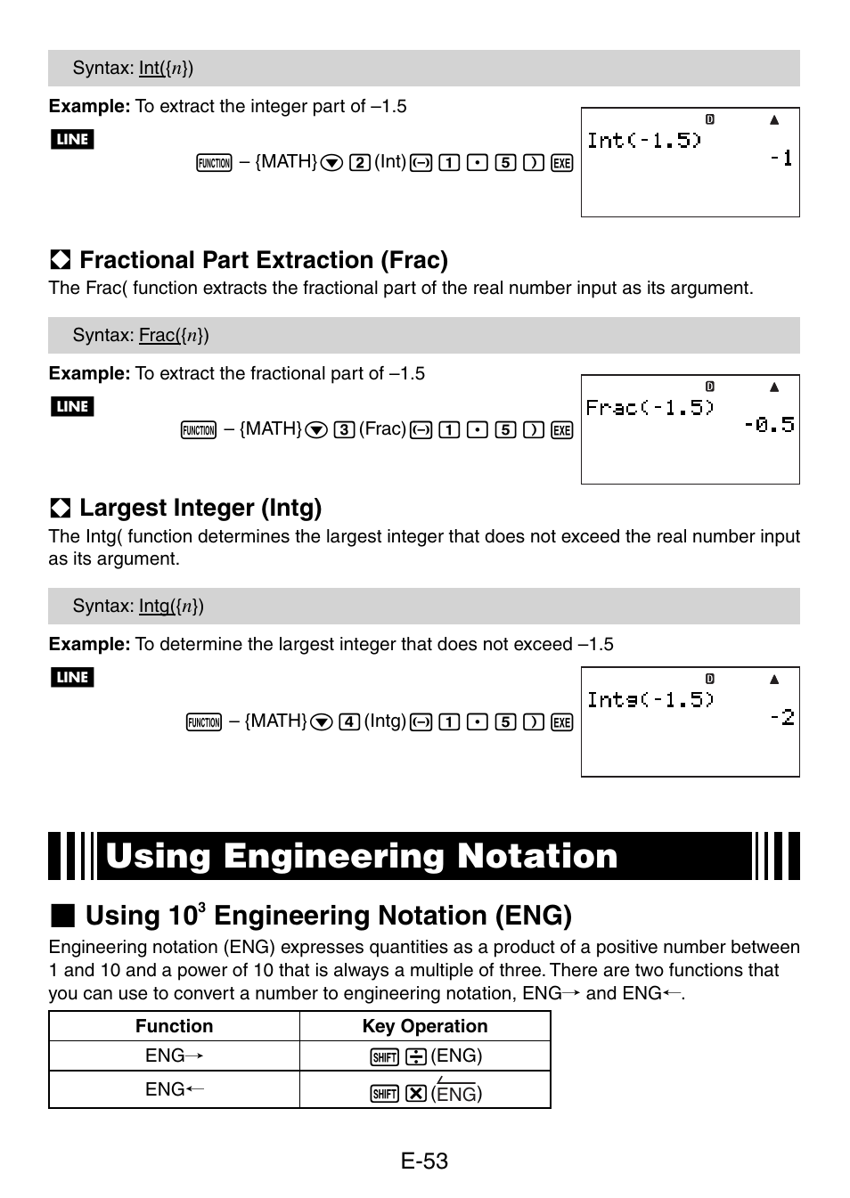 Using engineering notation, Using 10, Engineering notation (eng) | A fractional part extraction (frac), A largest integer (intg) | Casio fx-5800P User Manual | Page 54 / 147