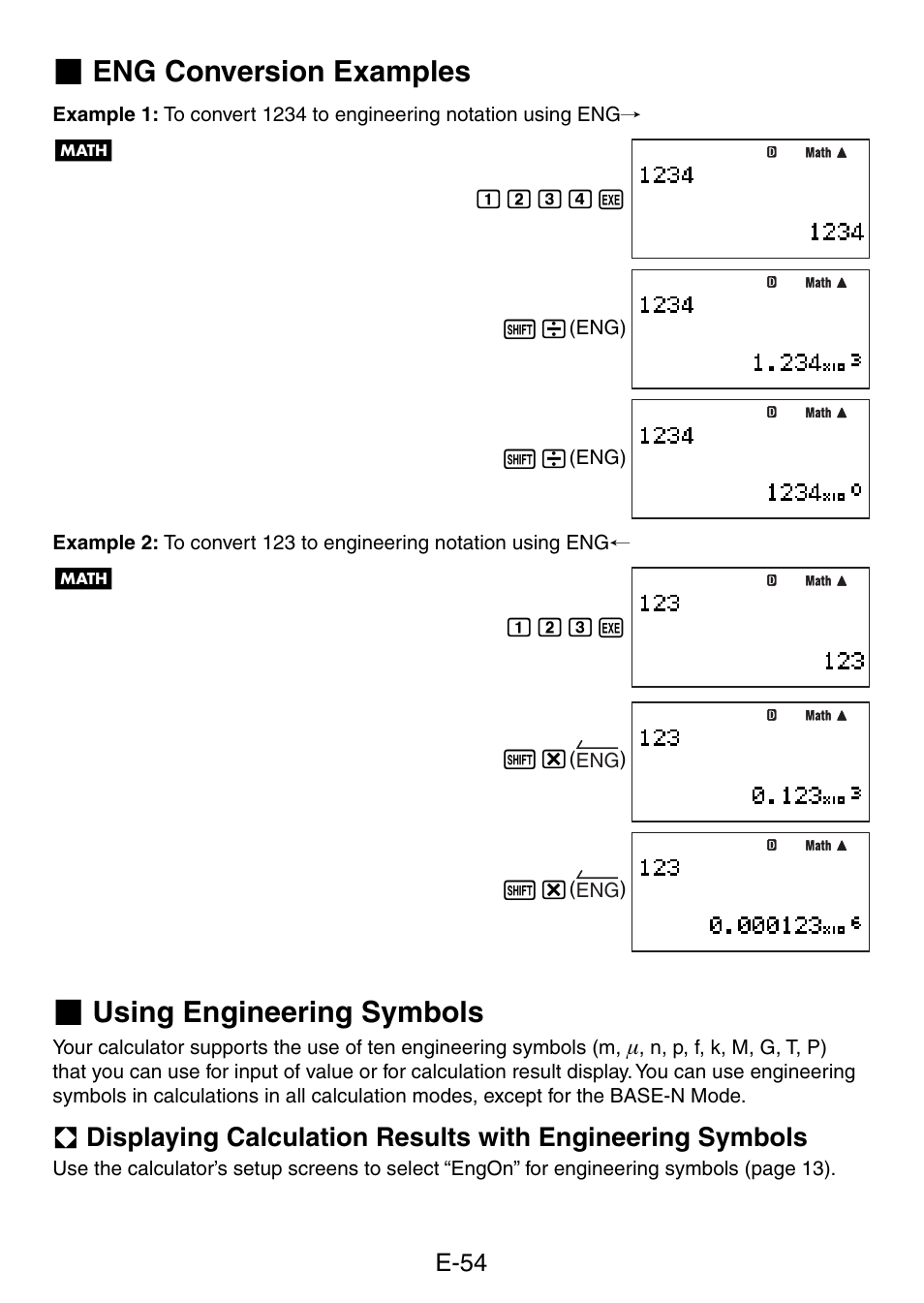 Eng conversion examples, Using engineering symbols | Casio fx-5800P User Manual | Page 55 / 147
