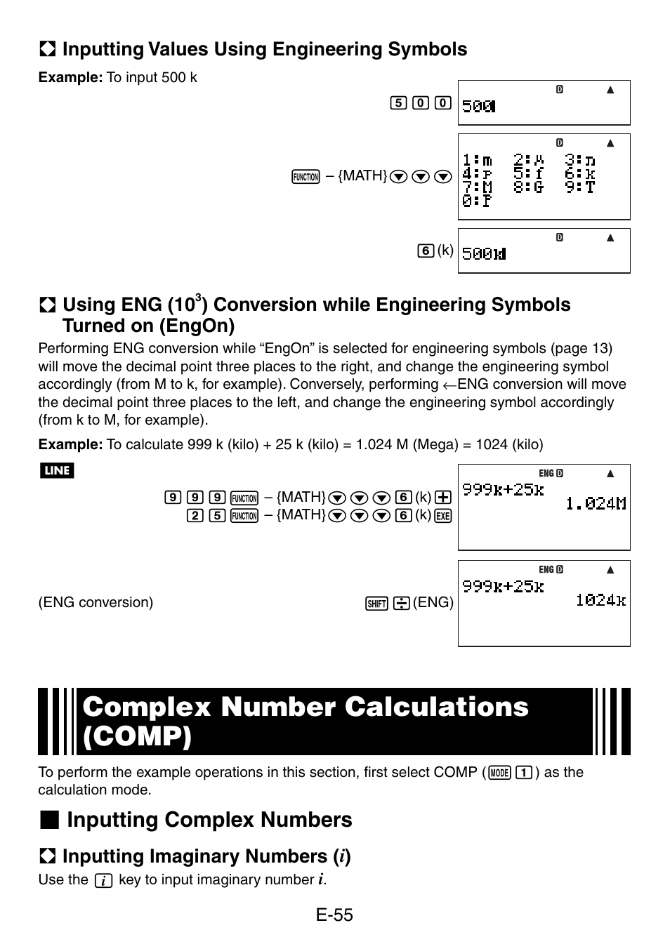 Complex number calculations (comp), Inputting complex numbers, A inputting values using engineering symbols | A using eng (10, A inputting imaginary numbers ( i ) | Casio fx-5800P User Manual | Page 56 / 147