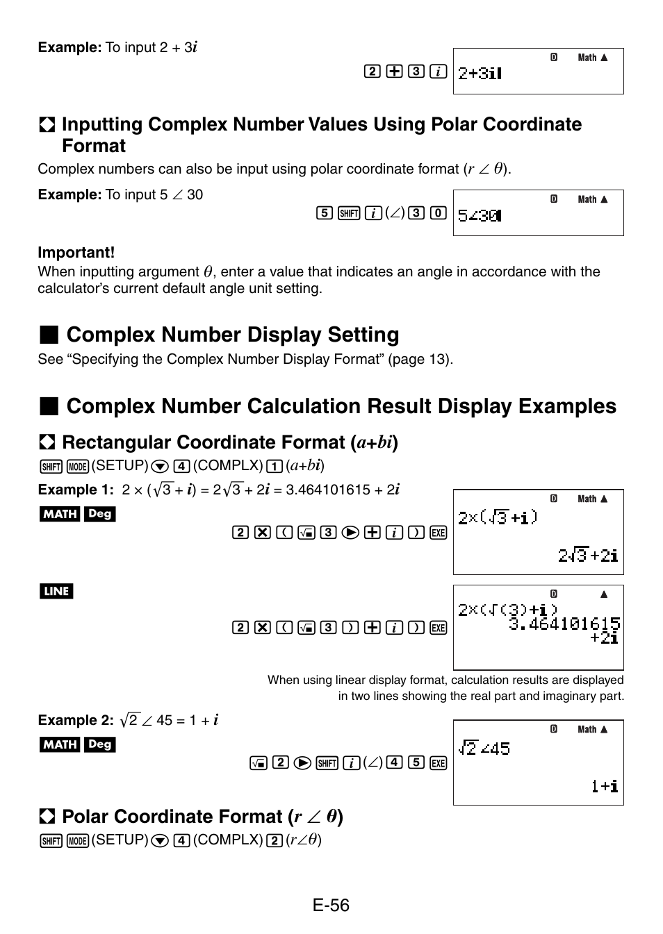 Complex number display setting, Complex number calculation result display examples, A rectangular coordinate format ( a + bi ) | A polar coordinate format ( r ∠ ƨ ) | Casio fx-5800P User Manual | Page 57 / 147