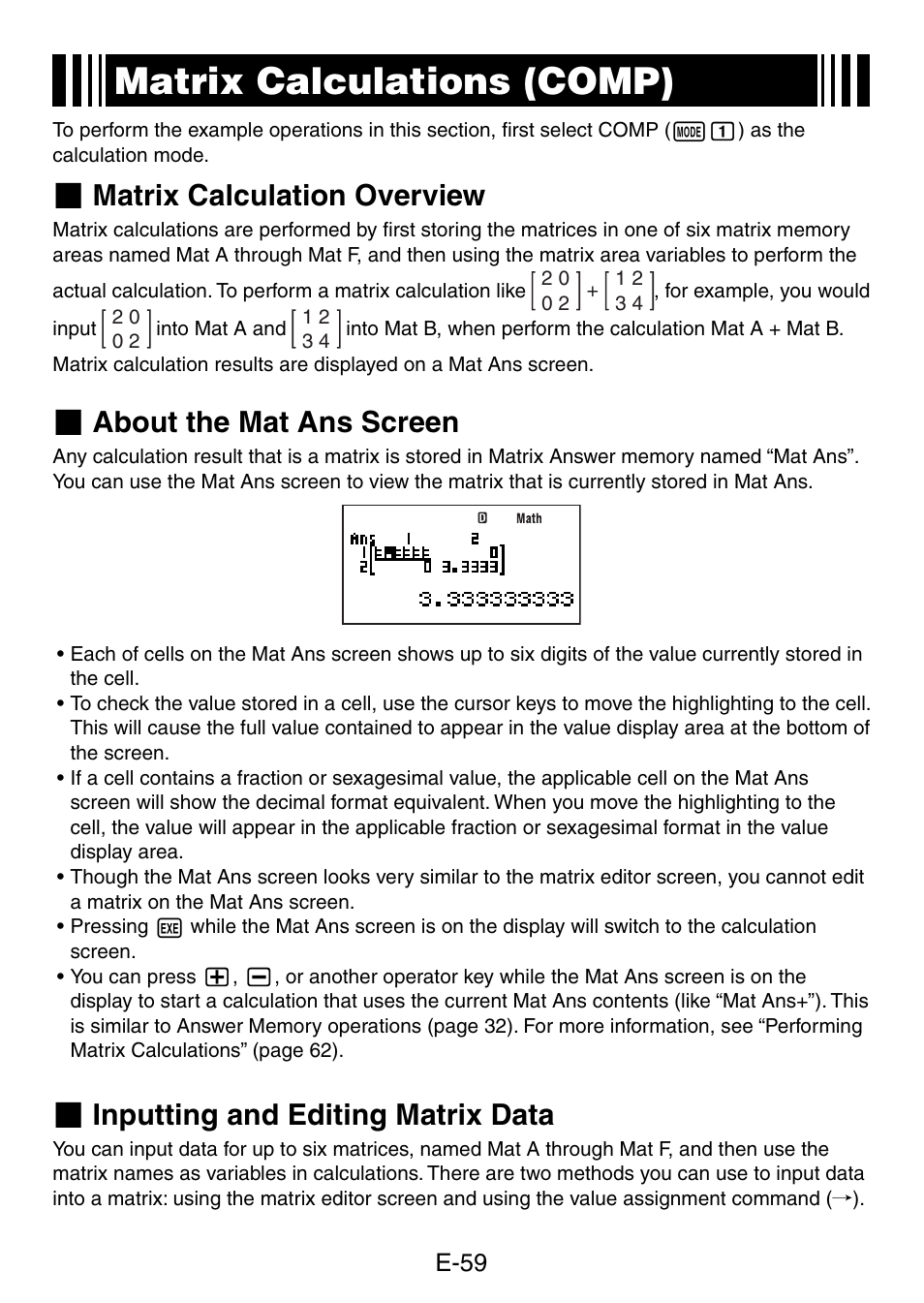 Matrix calculations (comp), Matrix calculation overview, About the mat ans screen | Inputting and editing matrix data | Casio fx-5800P User Manual | Page 60 / 147