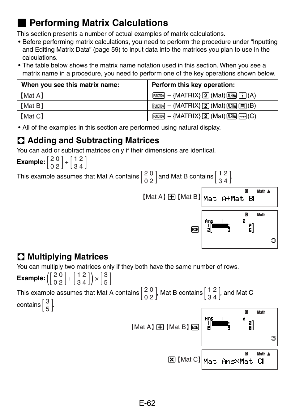 Performing matrix calculations, A adding and subtracting matrices, A multiplying matrices | E-62 | Casio fx-5800P User Manual | Page 63 / 147