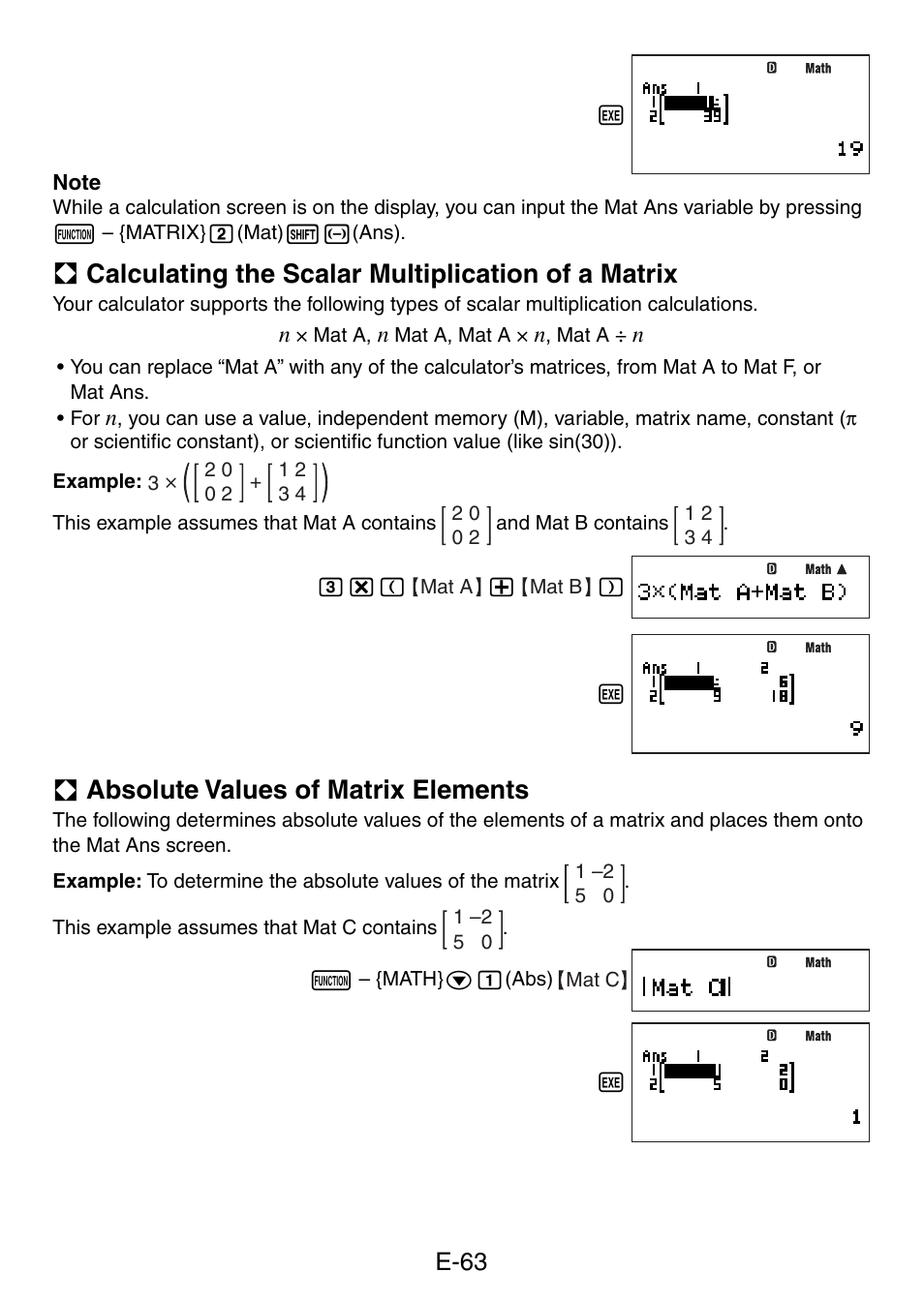 A absolute values of matrix elements, E-63 | Casio fx-5800P User Manual | Page 64 / 147