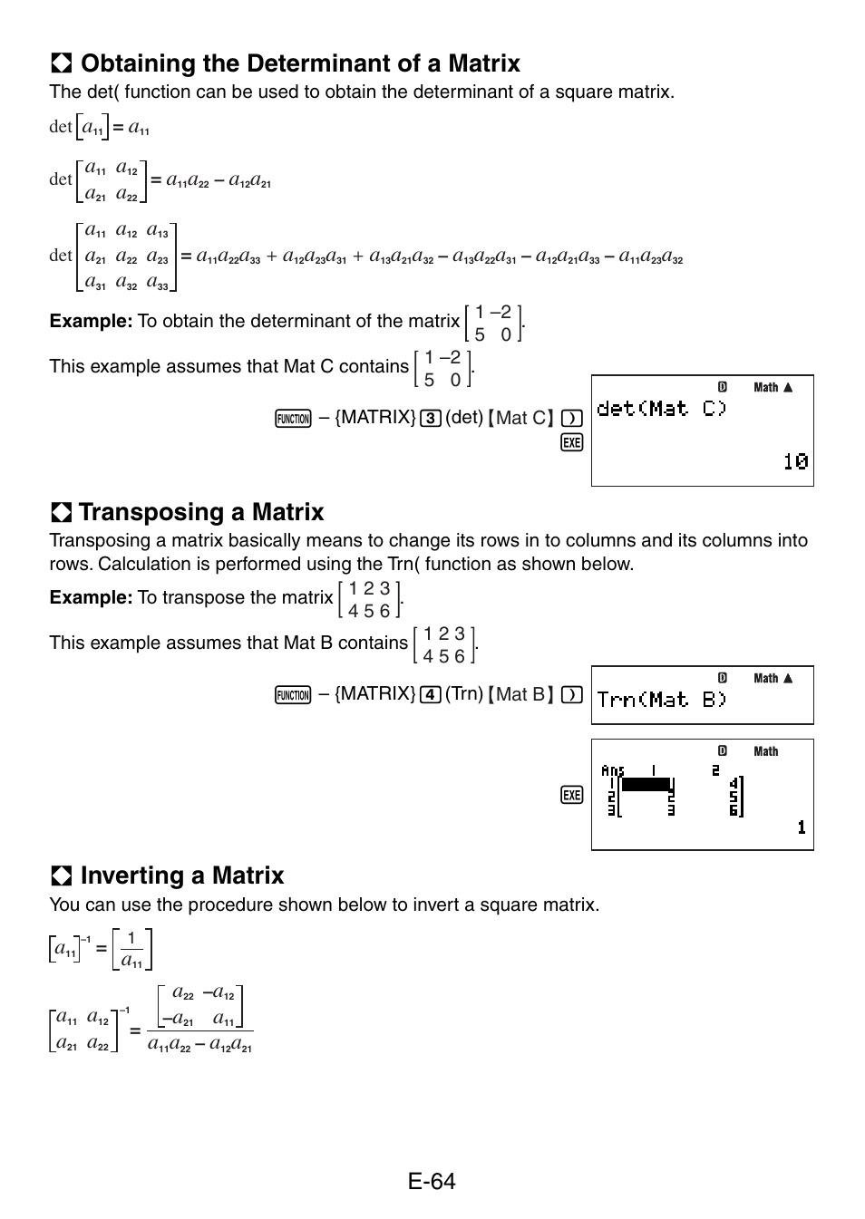 A obtaining the determinant of a matrix, A transposing a matrix, A inverting a matrix | E-64 | Casio fx-5800P User Manual | Page 65 / 147