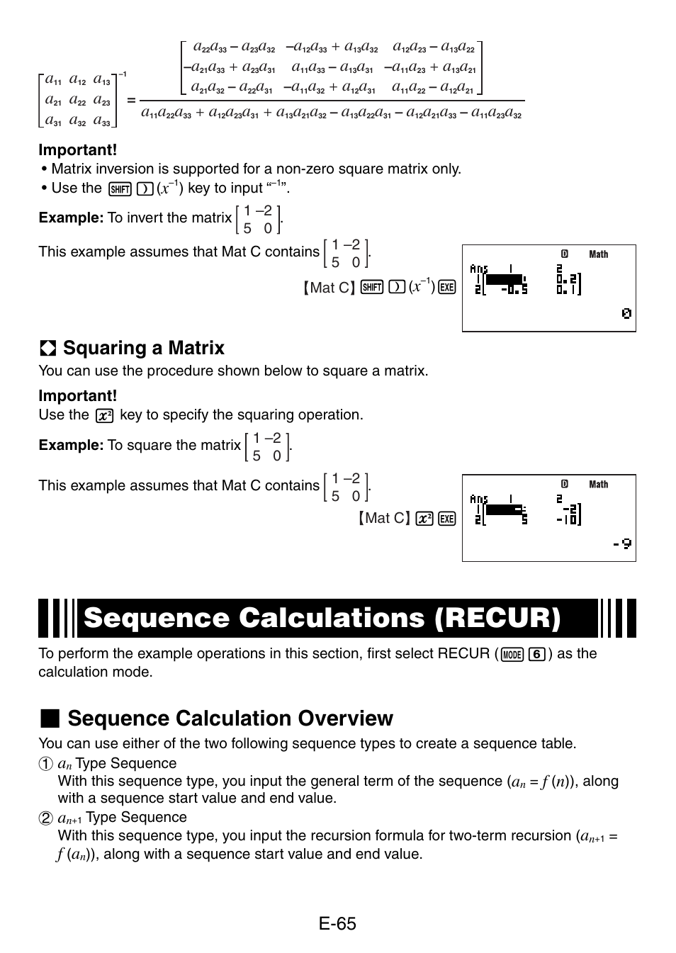 Sequence calculations (recur), Sequence calculation overview, A squaring a matrix | E-65, Important | Casio fx-5800P User Manual | Page 66 / 147