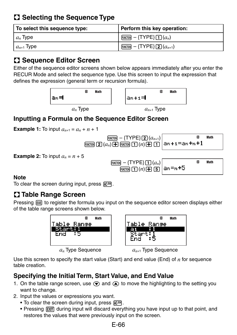 A selecting the sequence type, A sequence editor screen, A table range screen | E-66, Inputting a formula on the sequence editor screen | Casio fx-5800P User Manual | Page 67 / 147