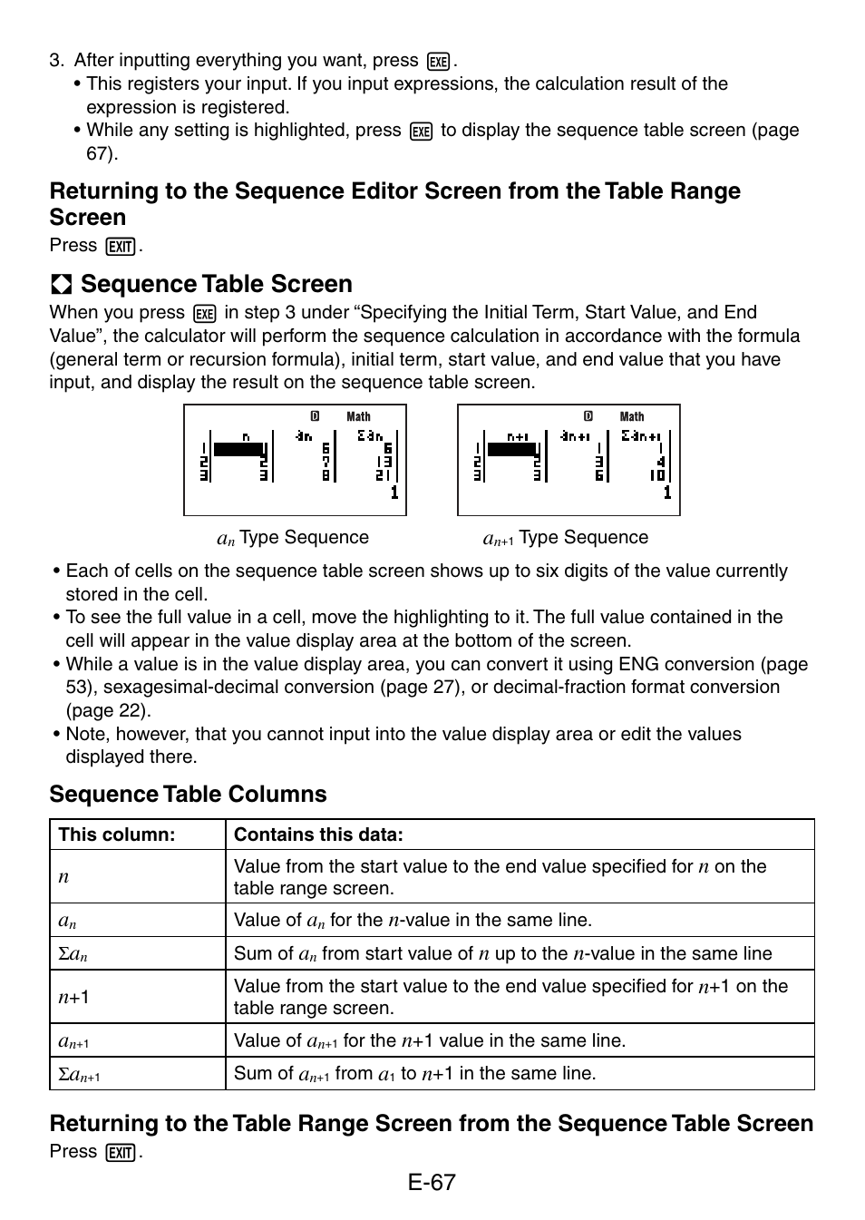 A sequence table screen, E-67, Sequence table columns | Casio fx-5800P User Manual | Page 68 / 147