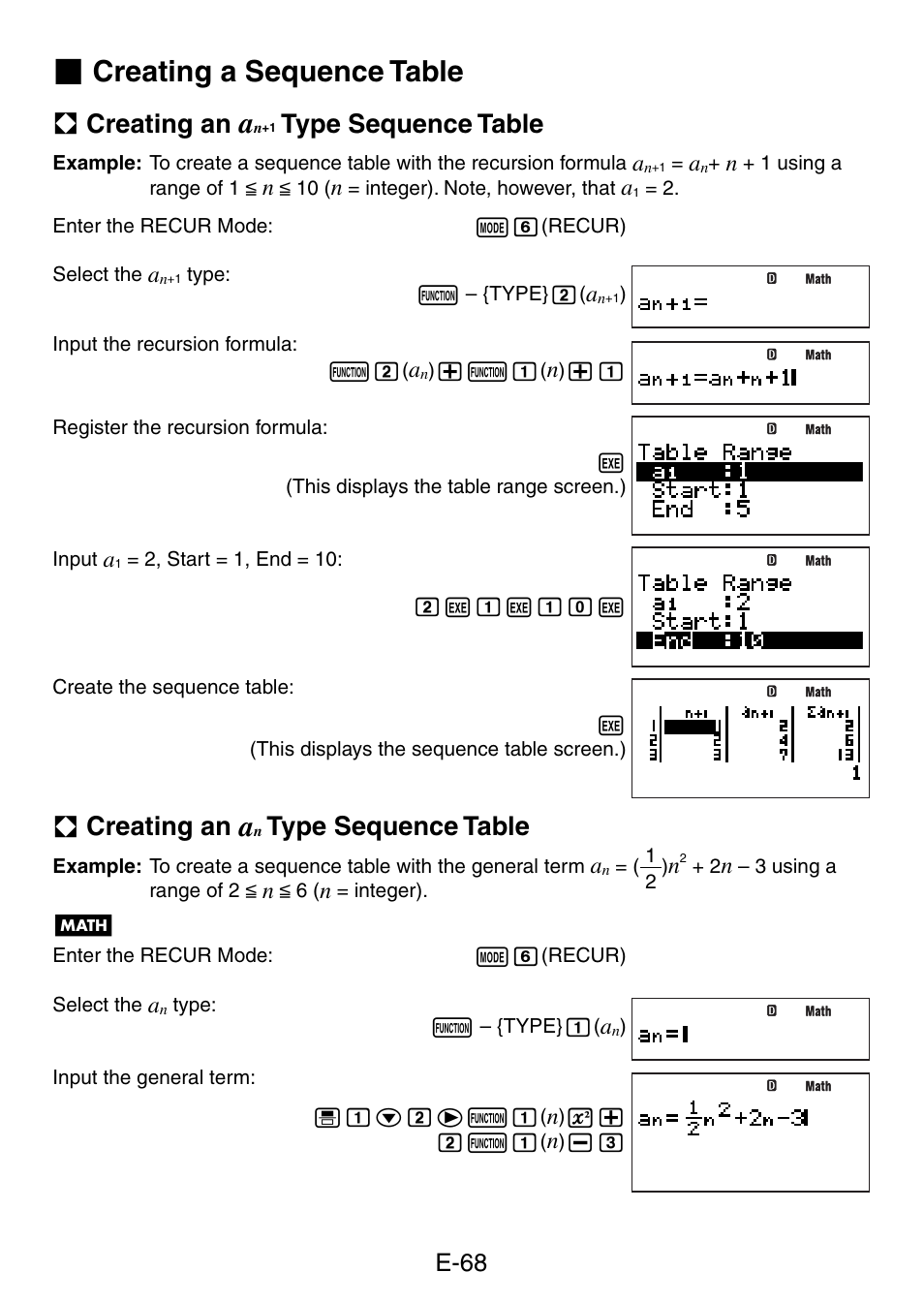 Creating a sequence table, A creating an, Type sequence table | E-68 | Casio fx-5800P User Manual | Page 69 / 147