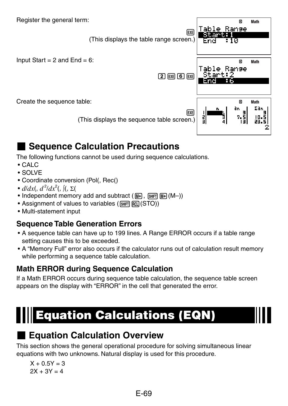 Equation calculations (eqn), Sequence calculation precautions, Equation calculation overview | Casio fx-5800P User Manual | Page 70 / 147