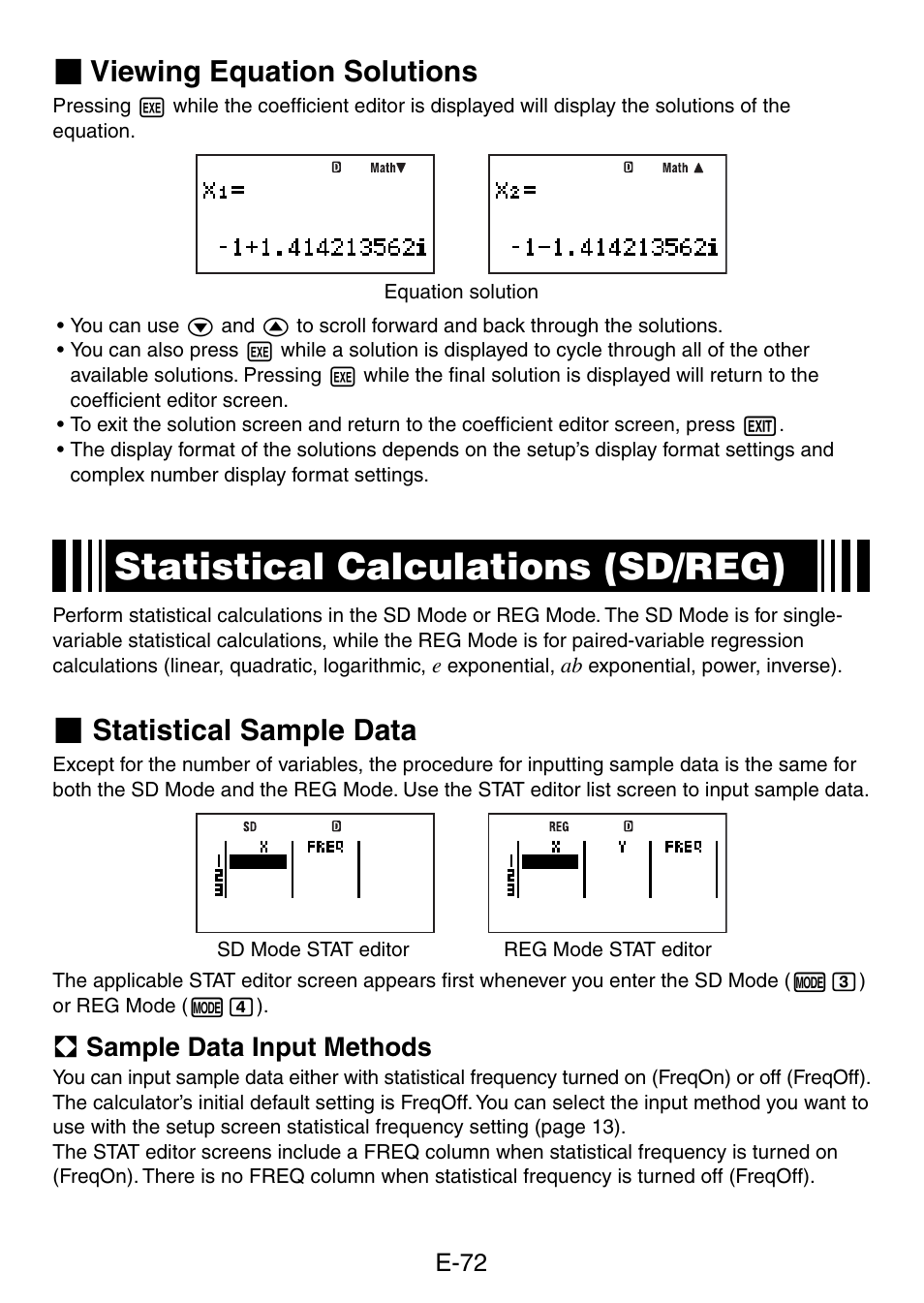 Statistical calculations (sd/reg), Viewing equation solutions, Statistical sample data | A sample data input methods | Casio fx-5800P User Manual | Page 73 / 147