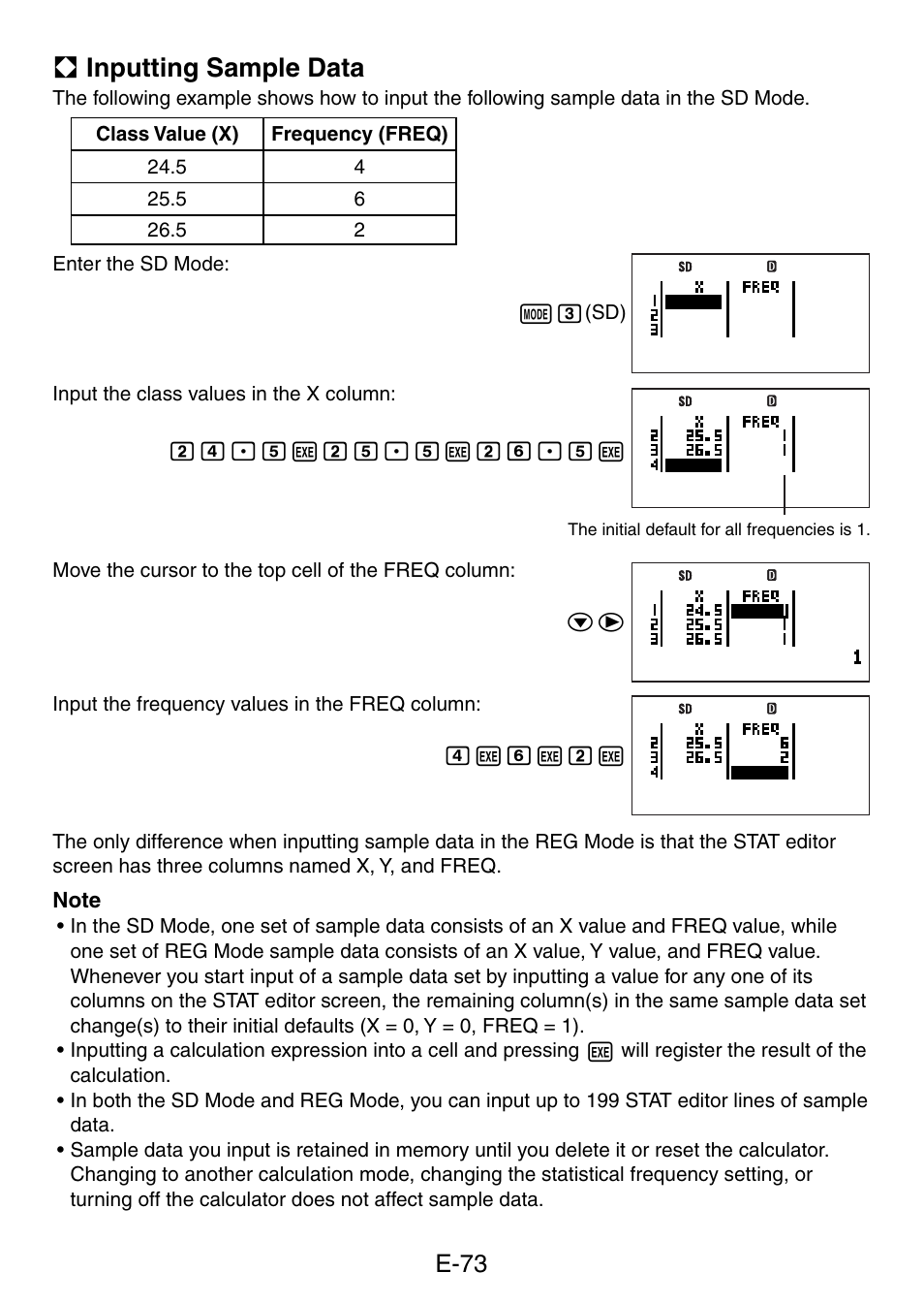 A inputting sample data, E-73 | Casio fx-5800P User Manual | Page 74 / 147