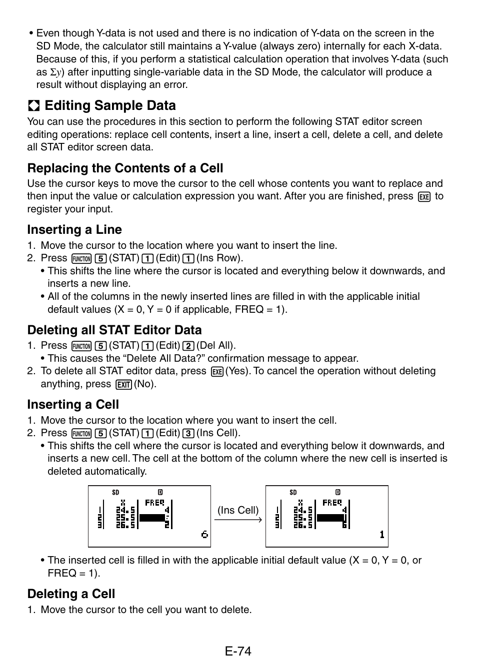 A editing sample data, E-74, Replacing the contents of a cell | Inserting a line, Deleting all stat editor data, Inserting a cell, Deleting a cell | Casio fx-5800P User Manual | Page 75 / 147