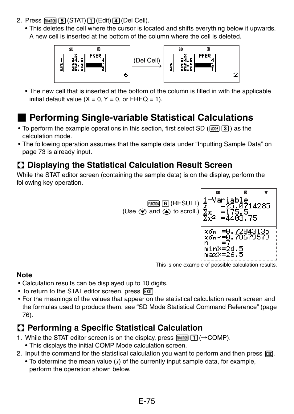 A performing a speciﬁ c statistical calculation, E-75 | Casio fx-5800P User Manual | Page 76 / 147