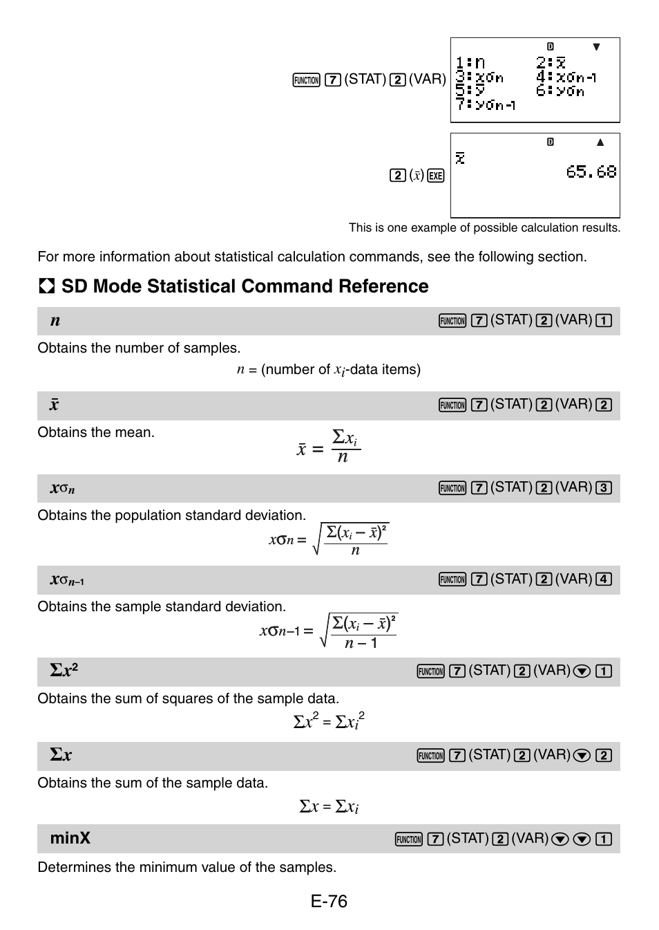 N= o σ, A sd mode statistical command reference n | Casio fx-5800P User Manual | Page 77 / 147