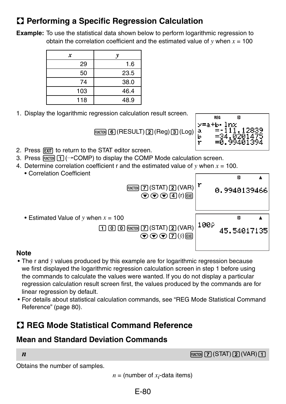 A performing a speciﬁ c regression calculation, A reg mode statistical command reference, E-80 | Mean and standard deviation commands | Casio fx-5800P User Manual | Page 81 / 147