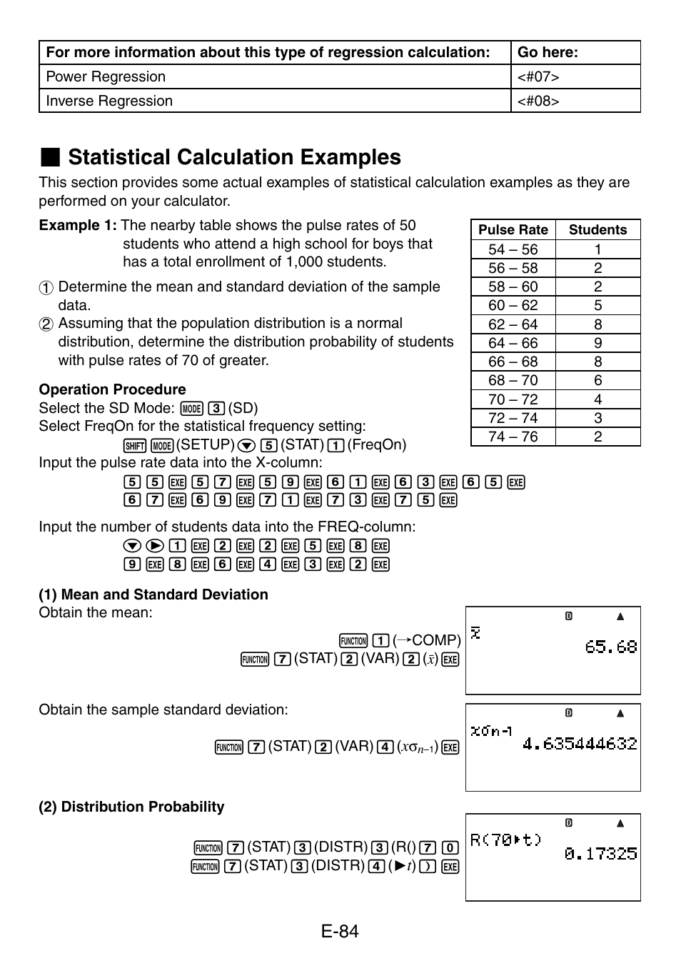 Statistical calculation examples, E-84 | Casio fx-5800P User Manual | Page 85 / 147
