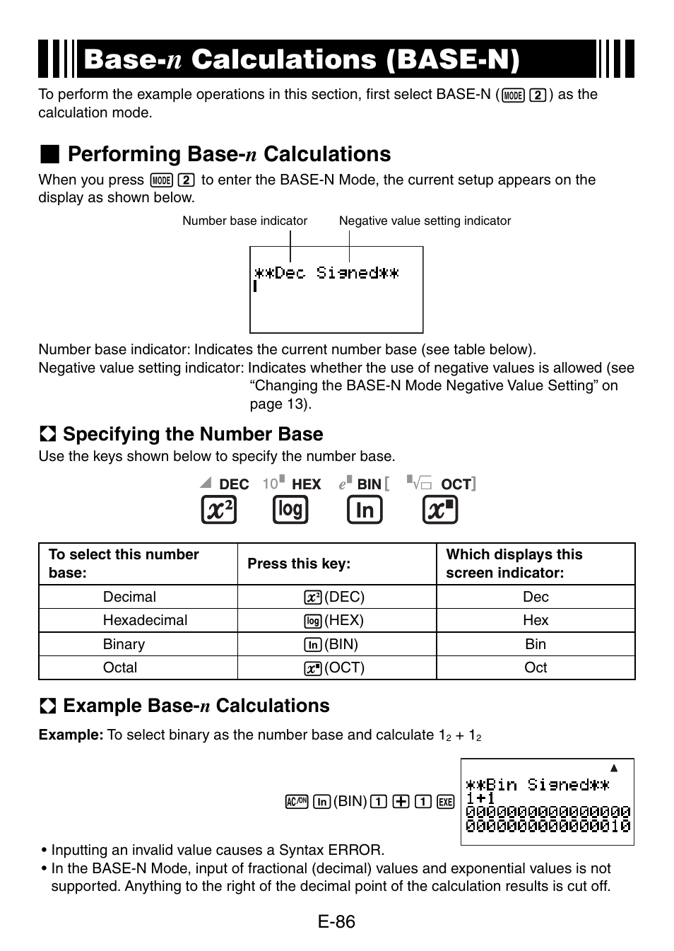 Base, Calculations (base-n), Performing base- n calculations | Casio fx-5800P User Manual | Page 87 / 147