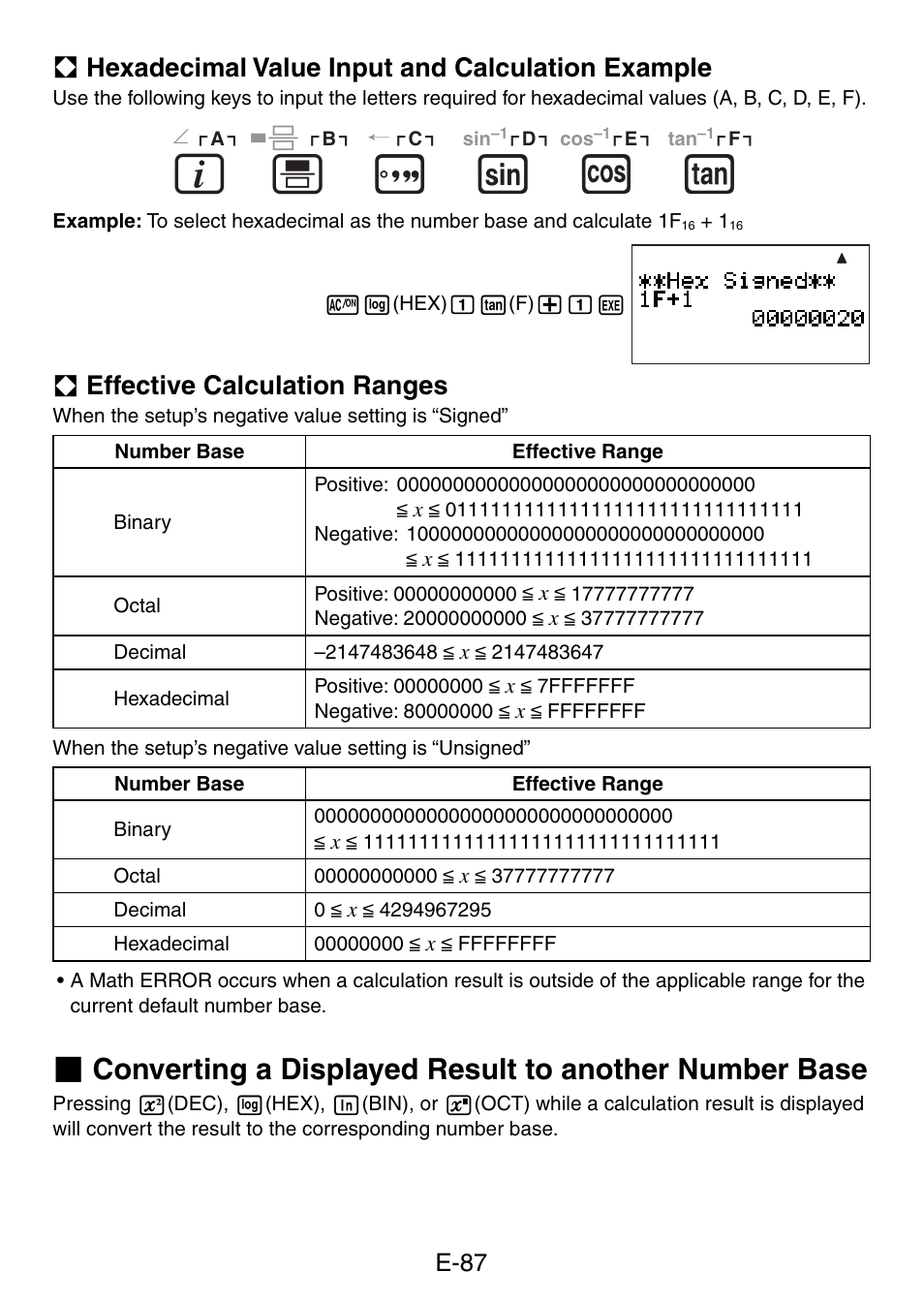 S c t, A hexadecimal value input and calculation example, A effective calculation ranges | E-87 | Casio fx-5800P User Manual | Page 88 / 147