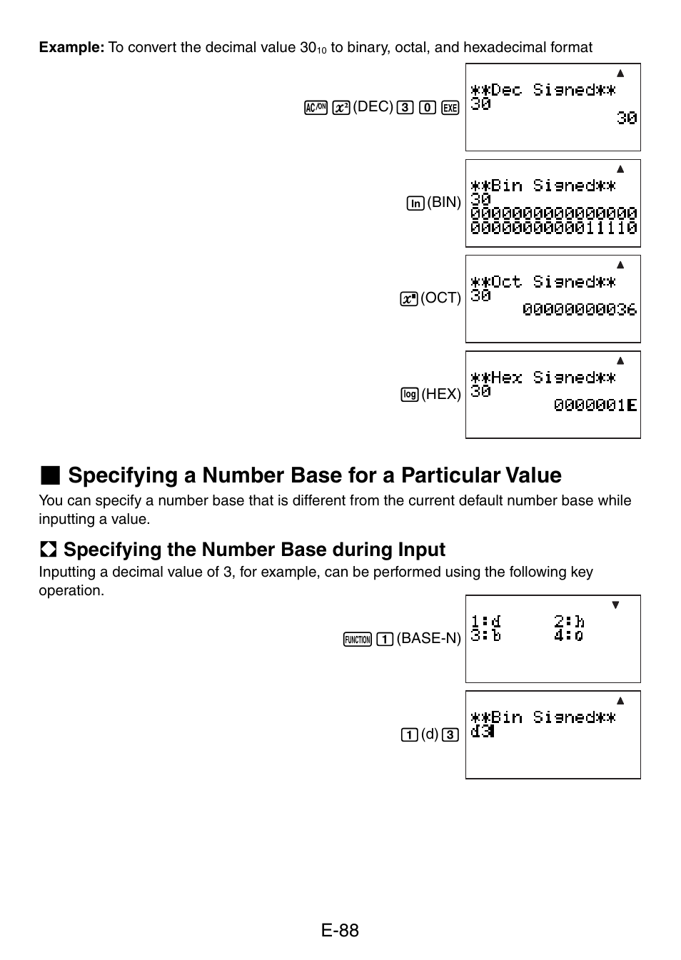 Specifying a number base for a particular value, A specifying the number base during input | Casio fx-5800P User Manual | Page 89 / 147