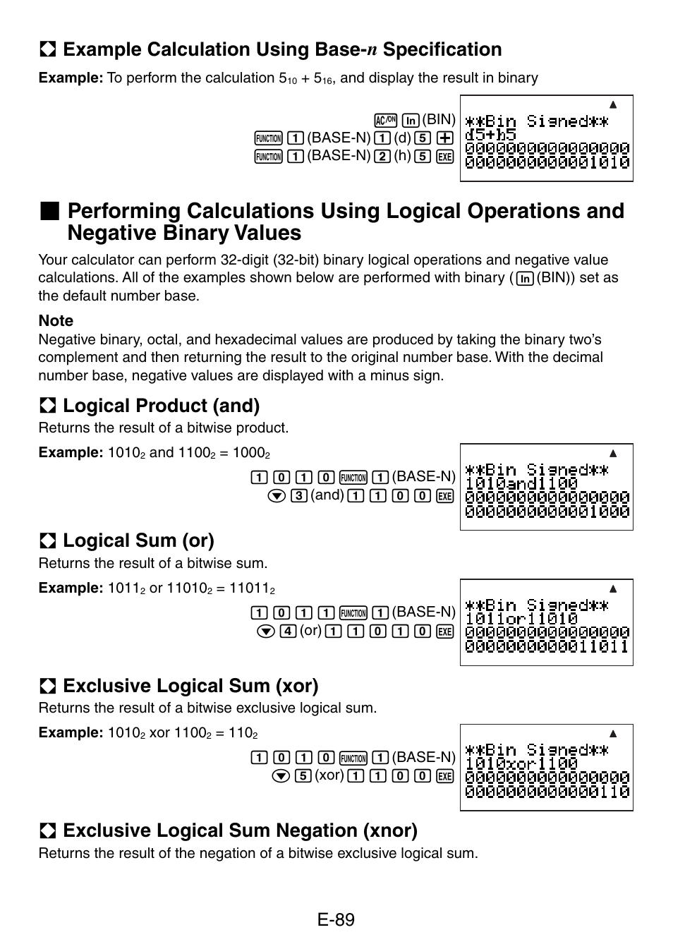 A example calculation using base- n speciﬁ cation, A logical product (and), A logical sum (or) | A exclusive logical sum (xor), A exclusive logical sum negation (xnor), E-89 | Casio fx-5800P User Manual | Page 90 / 147