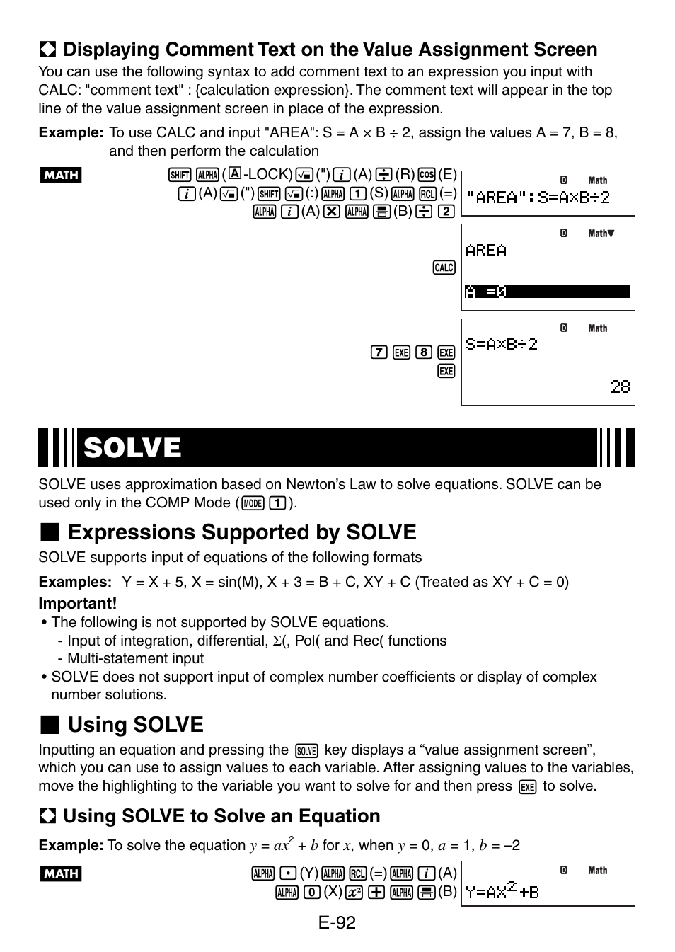 Solve, Expressions supported by solve, Using solve | A using solve to solve an equation | Casio fx-5800P User Manual | Page 93 / 147