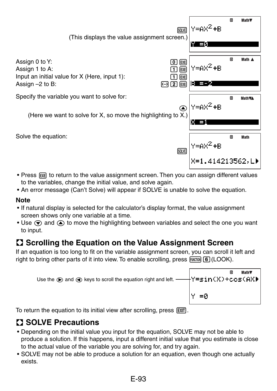 A solve precautions, E-93 | Casio fx-5800P User Manual | Page 94 / 147