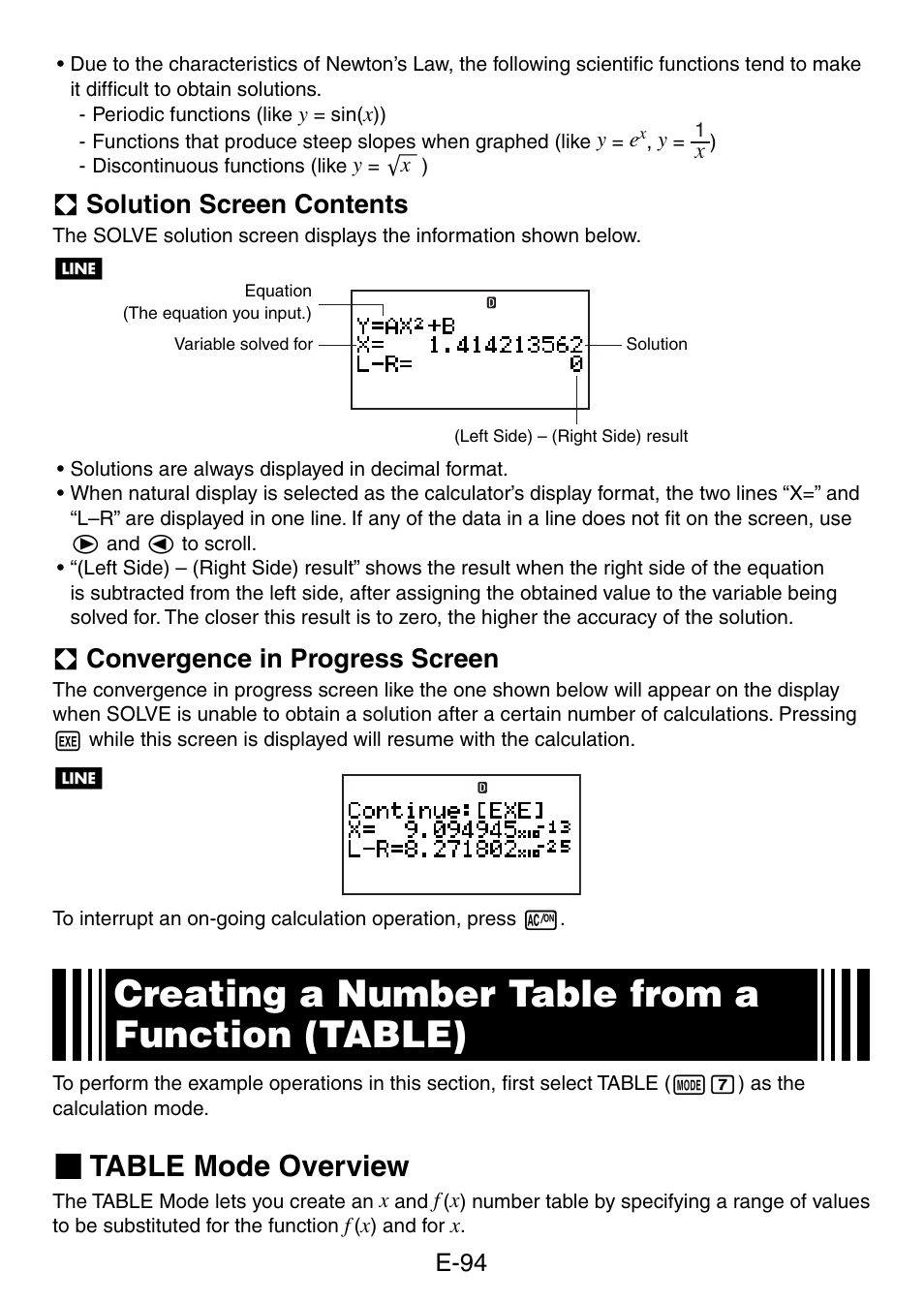 Creating a number table from a function (table), Table mode overview, A solution screen contents | A convergence in progress screen, E-94 | Casio fx-5800P User Manual | Page 95 / 147
