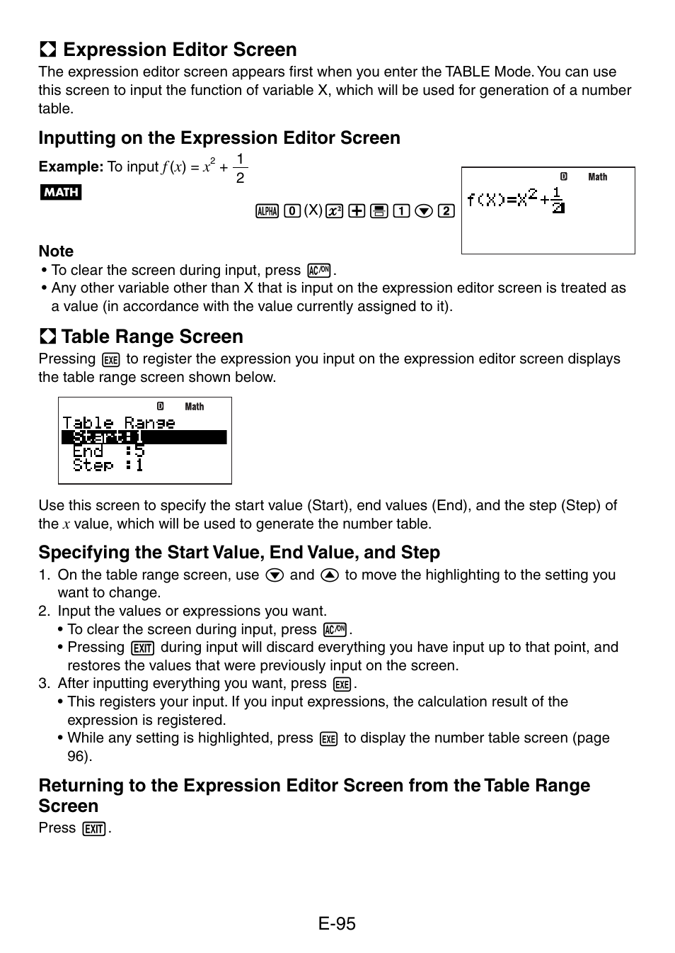 A expression editor screen, A table range screen, E-95 | Inputting on the expression editor screen, Specifying the start value, end value, and step | Casio fx-5800P User Manual | Page 96 / 147