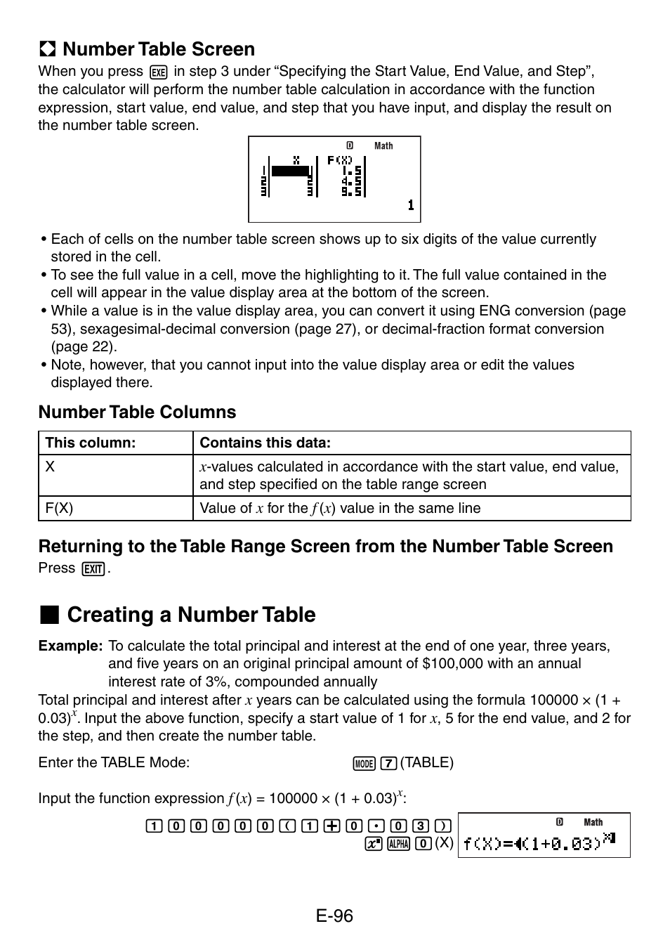 Creating a number table, A number table screen, E-96 | Number table columns | Casio fx-5800P User Manual | Page 97 / 147