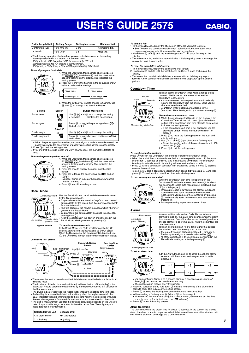 Recall mode, Countdown timer, Alarms | User’s guide 2575 | Casio 2575 User Manual | Page 2 / 4